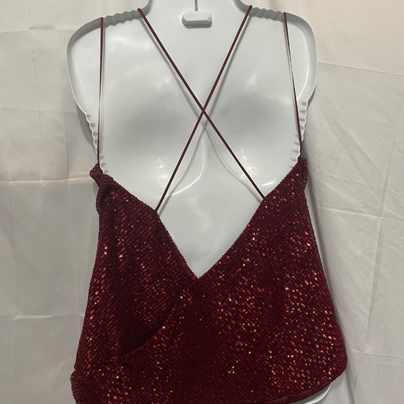 Express L maroon or burgundy sequined show girl tank top spaghetti straps lined - Picture 3 of 12